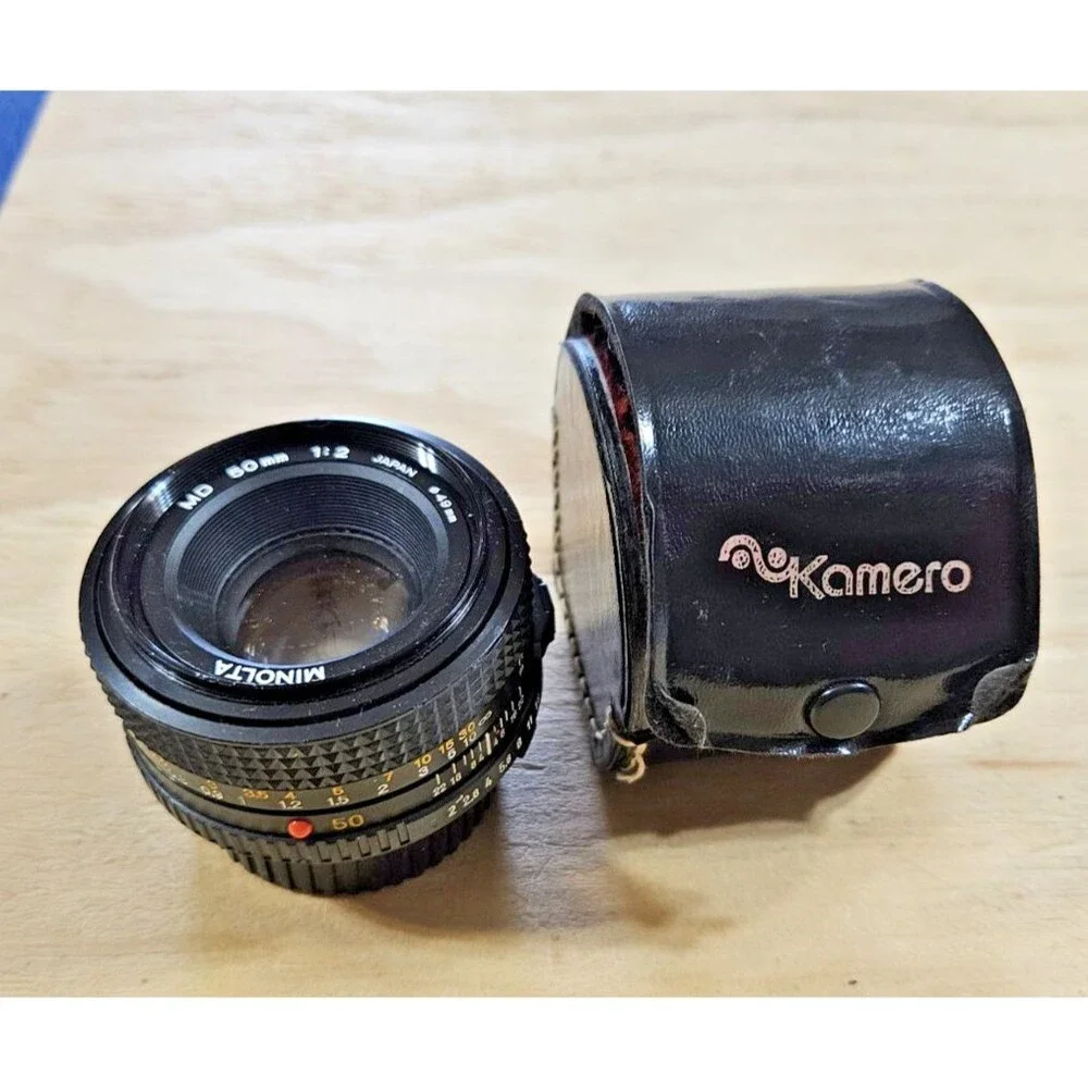 Minolta MD 50mm 1:2 Made In Japan Camera Lens w/ KAMERO case 35mm
